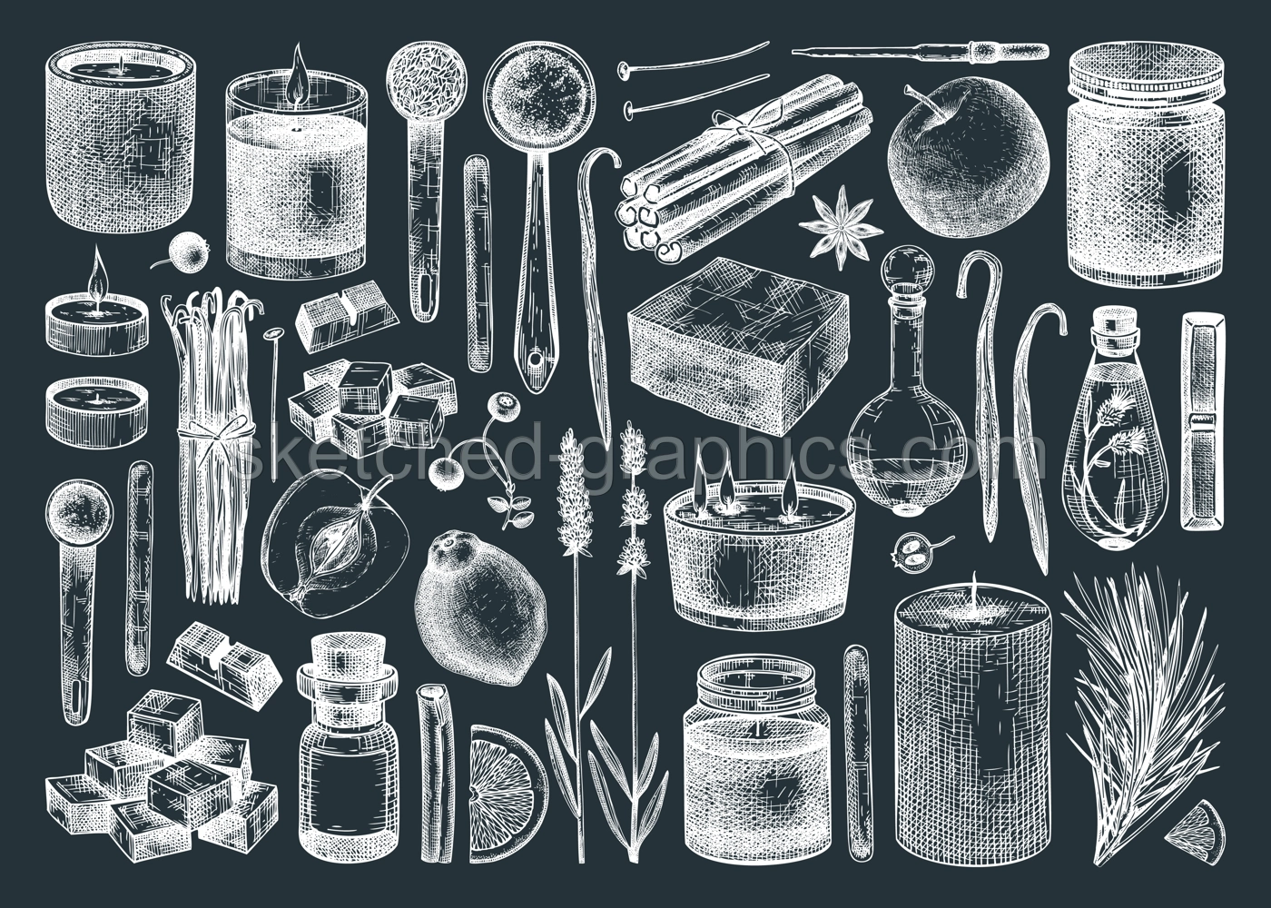 Hand-sketched aromatic candles ingredients set on chalkboard. Vector illustrations of candles, wax, fragrance, color, herbs. Natural materials for aromatherapy, hobby, handcrafts, candle making. Illustration